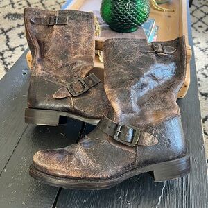 Frye Rustic Crackle Distressed Dark Brown Leather Moto Slouchy Boots 9